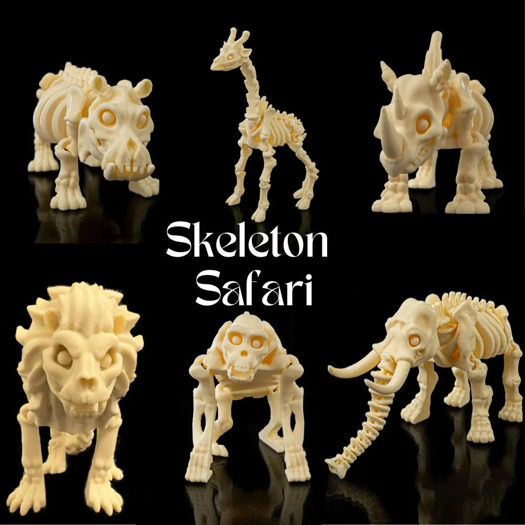 3D Printed Safari Skeleton Animals - Lion, Chimp, Elephant, Giraffe, Hippo, Rhino STLFLIX